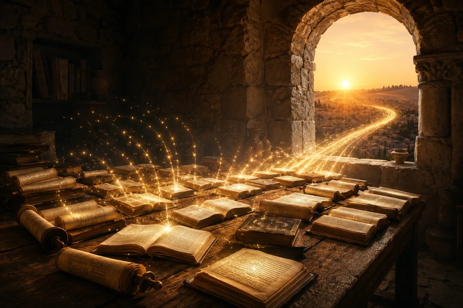 An old study table strewn with open books and scrolls, sparks of light rising from their pages and streaming out through a stone arch toward Jerusalem at sunrise.